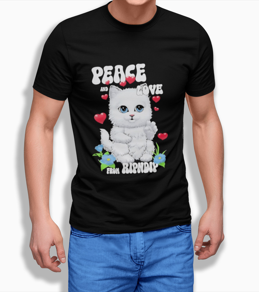 Peace And Love Ripndip Cat Kitten Hearts And Flowers T-Shirt