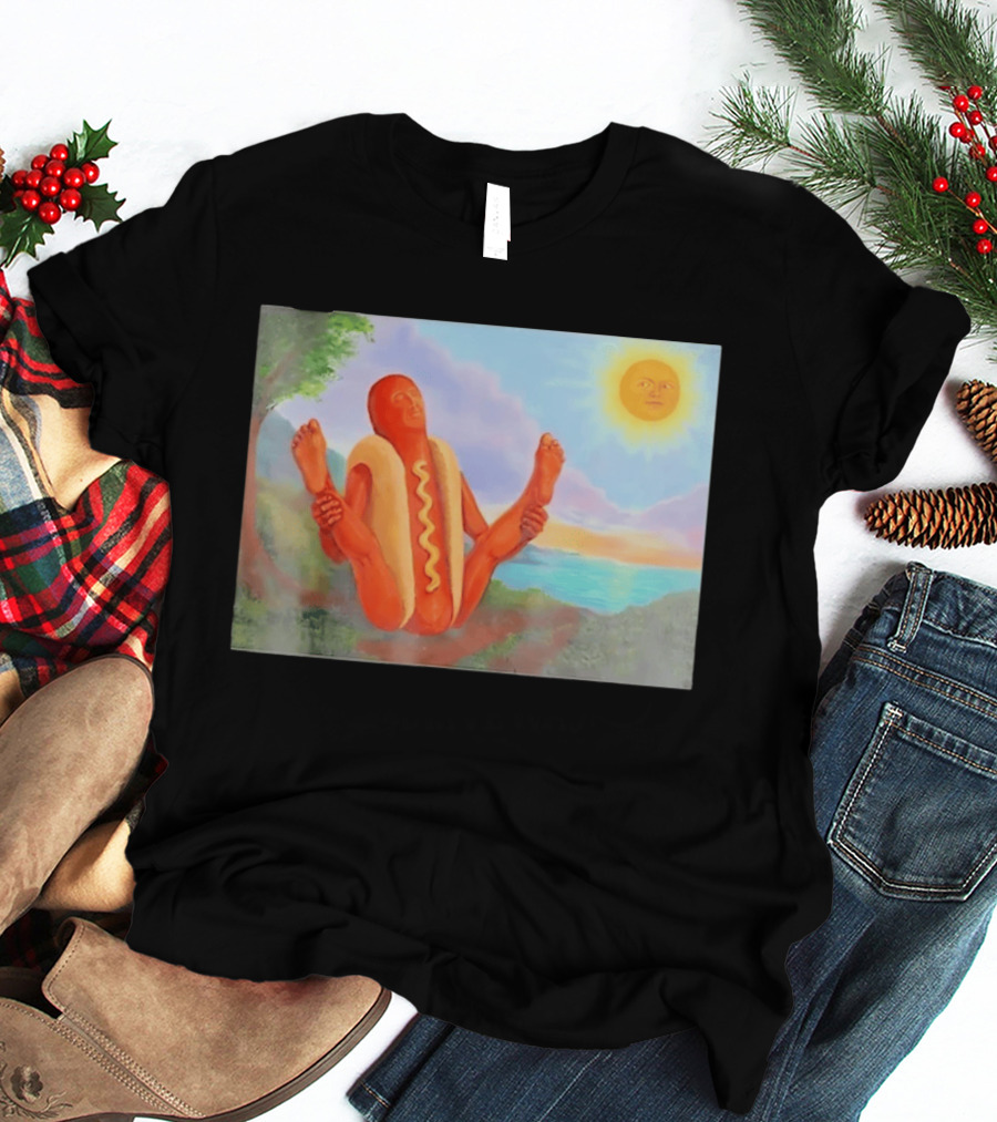 Surreal Hot Dog Doing Yoga At Sunrise With Smiling Sun T-Shirt