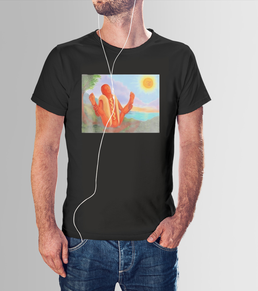 Surreal Hot Dog Doing Yoga At Sunrise With Smiling Sun T-Shirt