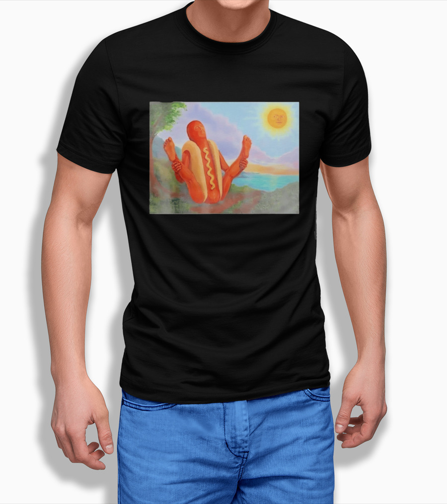 Surreal Hot Dog Doing Yoga At Sunrise With Smiling Sun T-Shirt