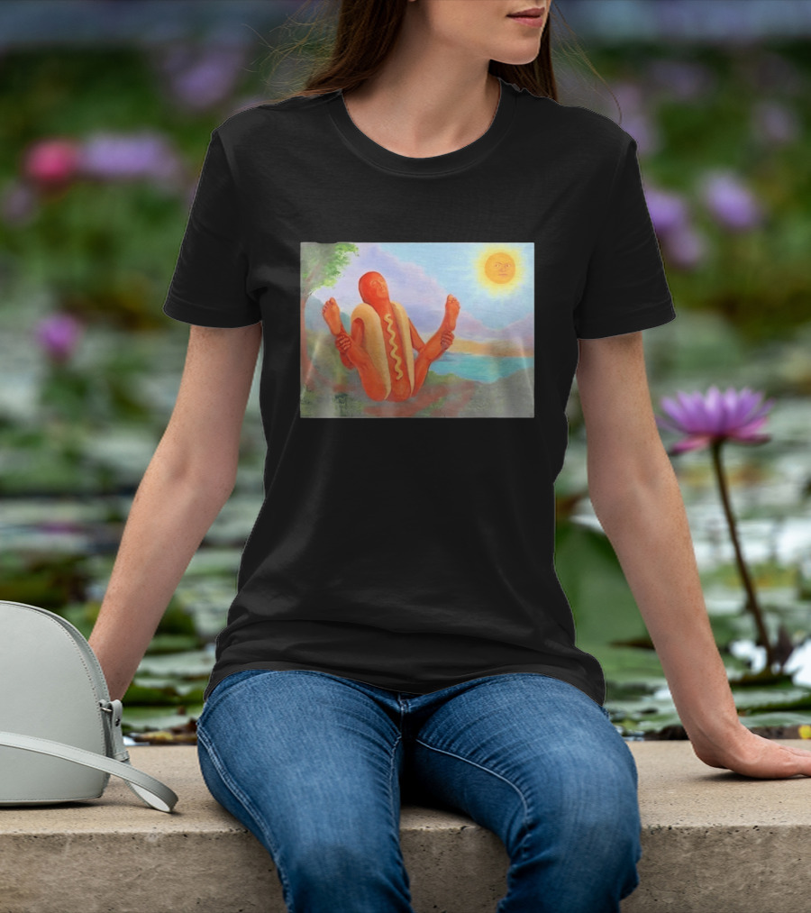 Surreal Hot Dog Doing Yoga At Sunrise With Smiling Sun T-Shirt