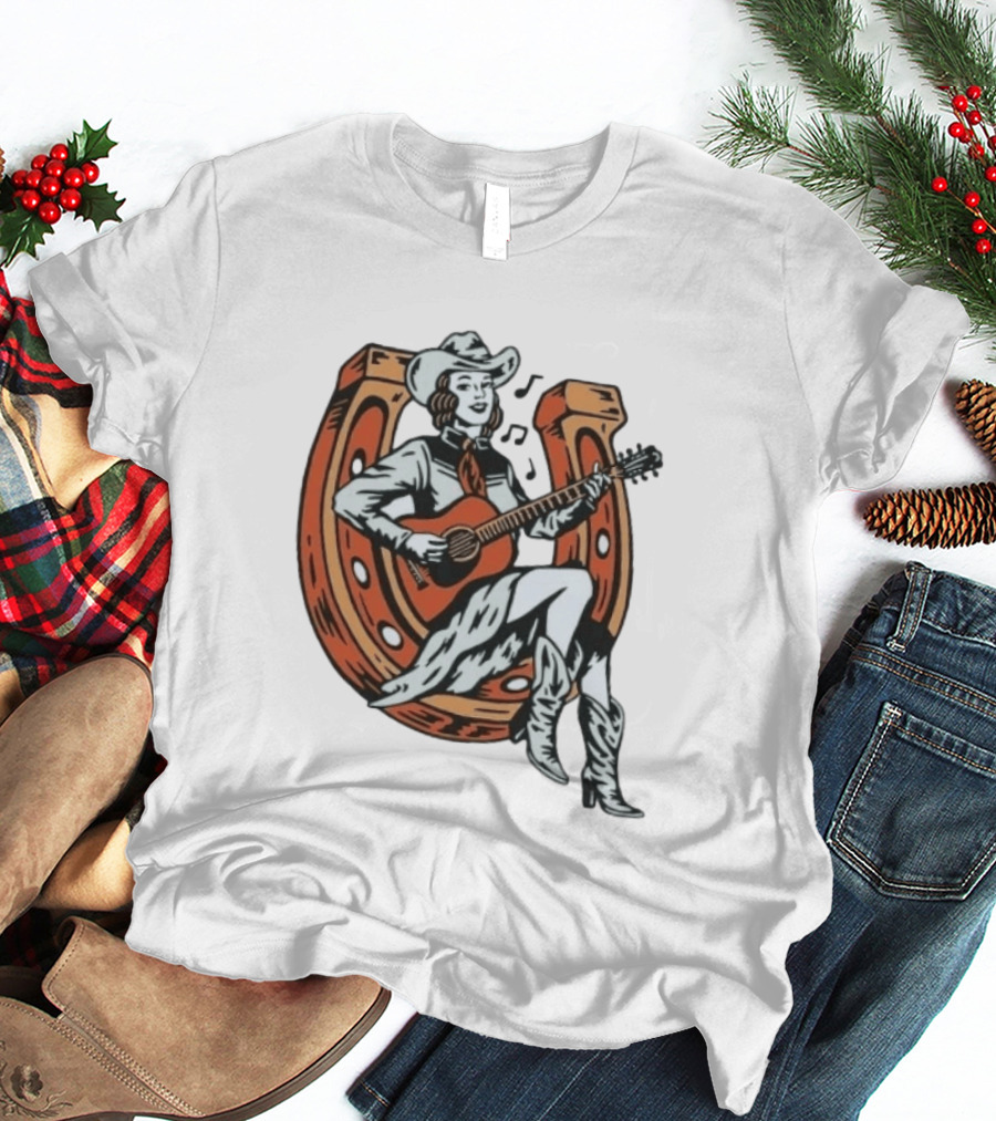 Cowgirl Playing Guitar On Horseshoe Classic Western Music Scene T-Shirt