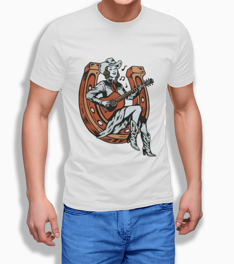 Cowgirl Playing Guitar On Horseshoe Classic Western Music Scene T-Shirt