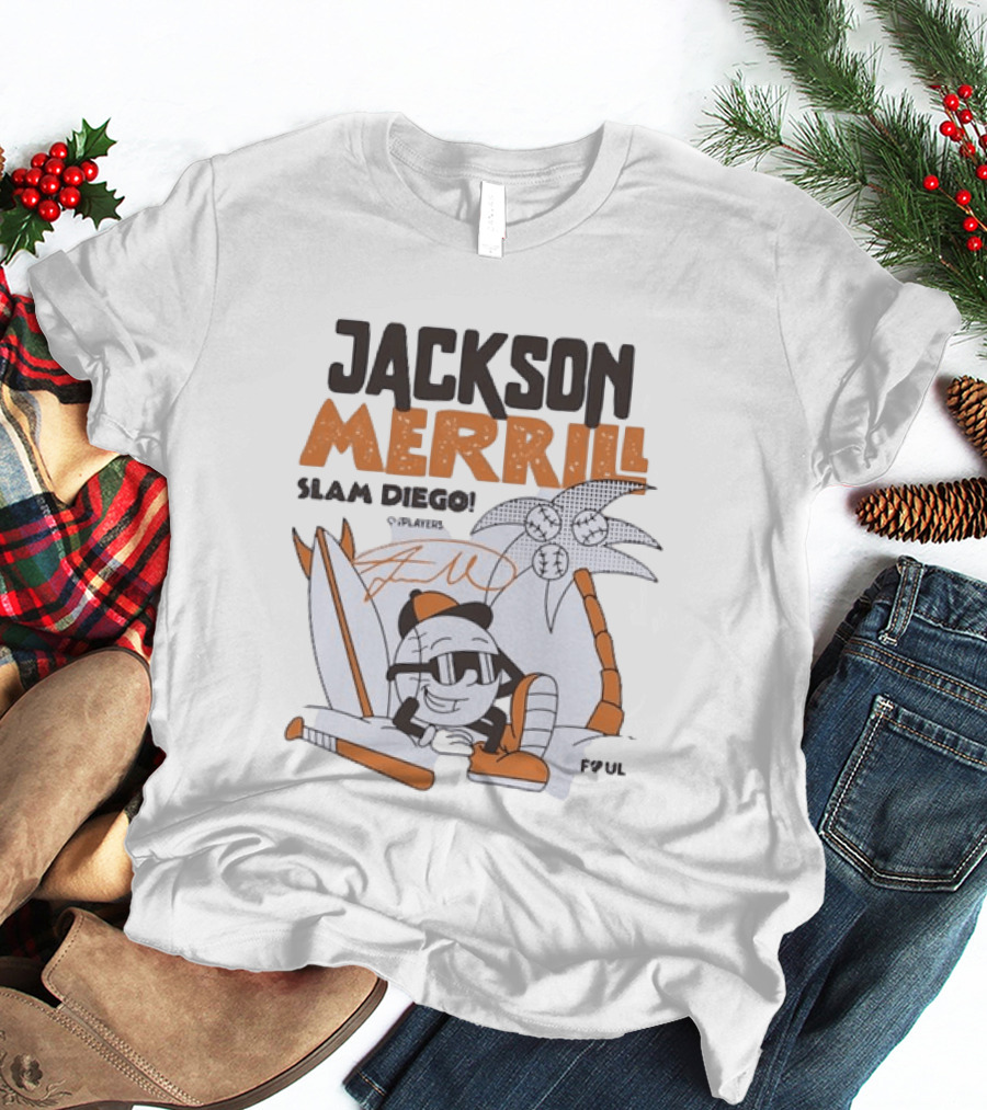 Jackson Merrill San Diego Padres Slam Diego Foul Territory Cartoon Baseball Palms T-Shirt