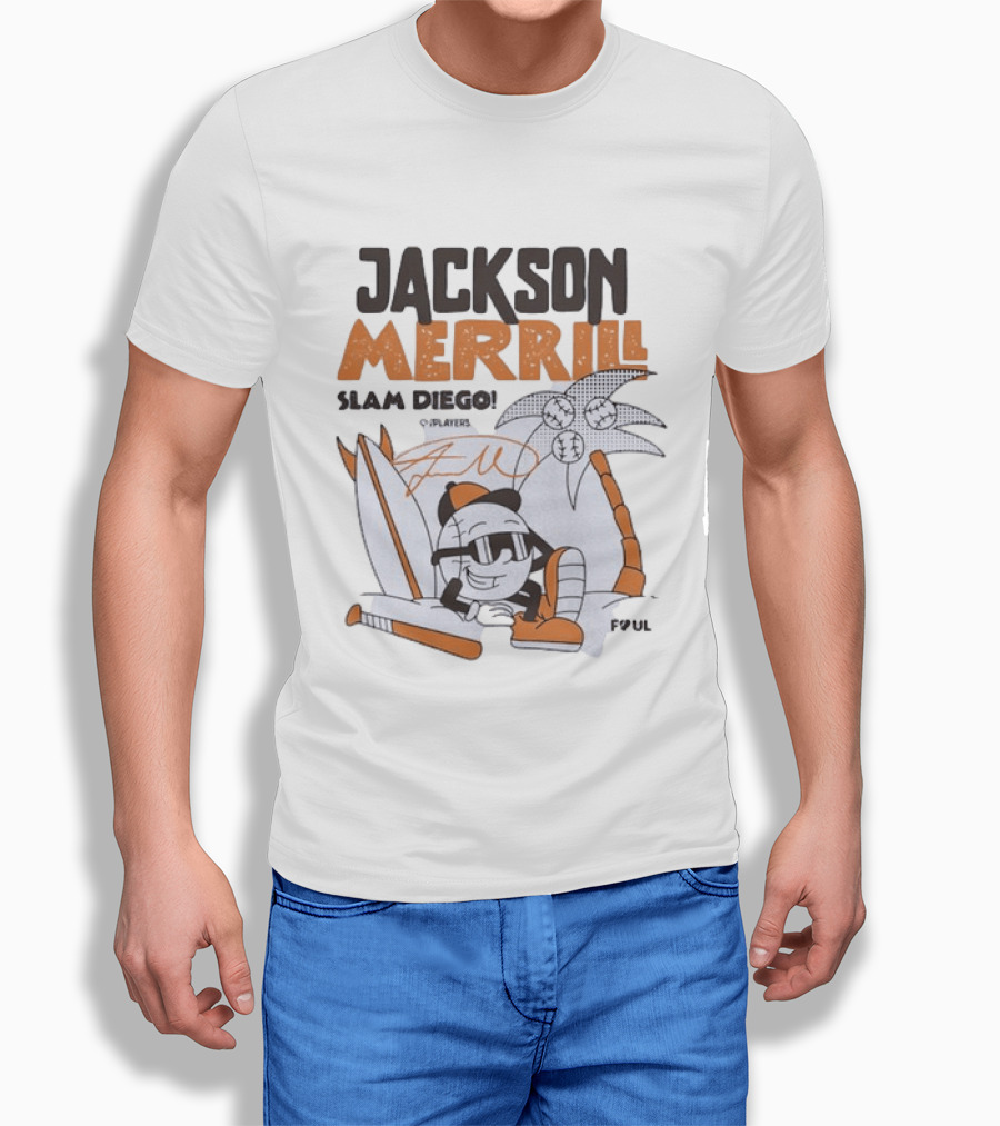 Jackson Merrill San Diego Padres Slam Diego Foul Territory Cartoon Baseball Palms T-Shirt