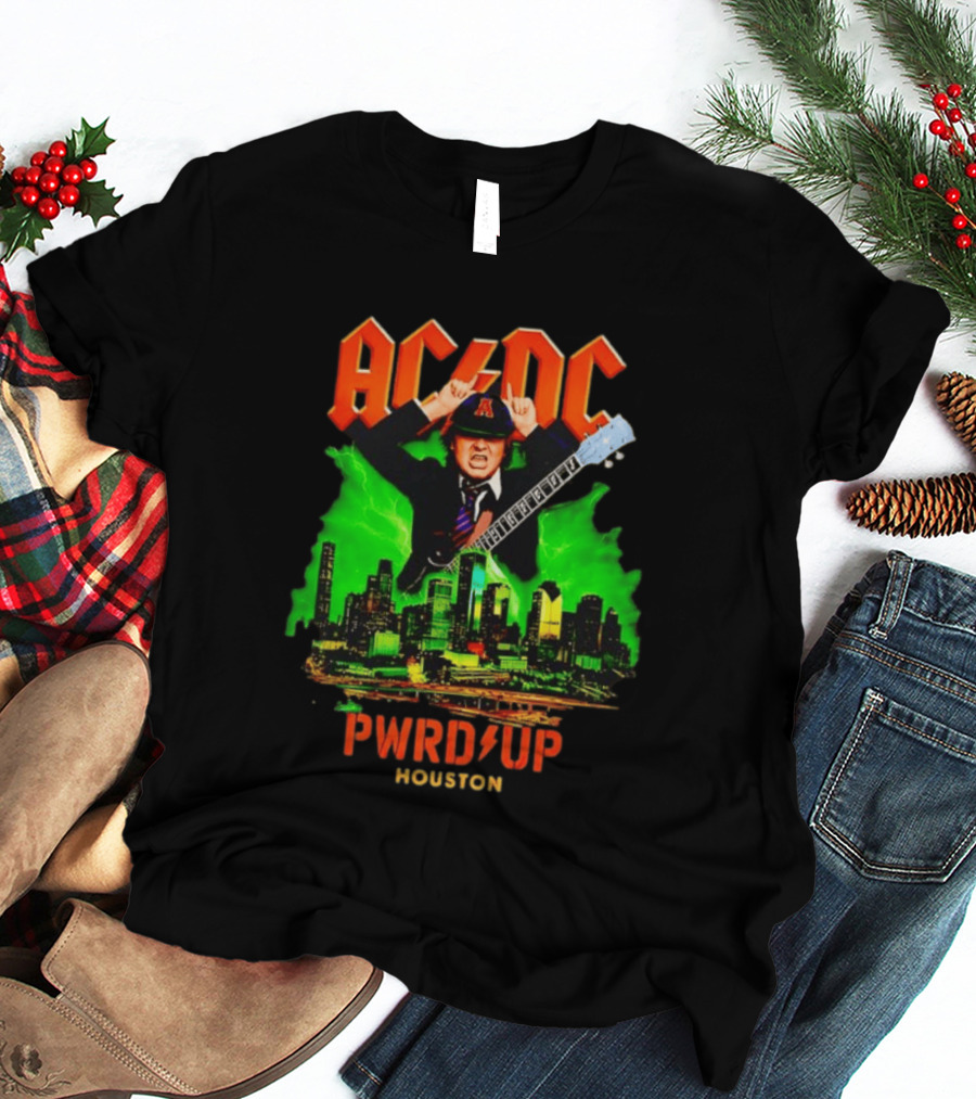 AC DC Angus Young Pwr Up Houston Hard Rock Skyline Electric Guitar T-Shirt