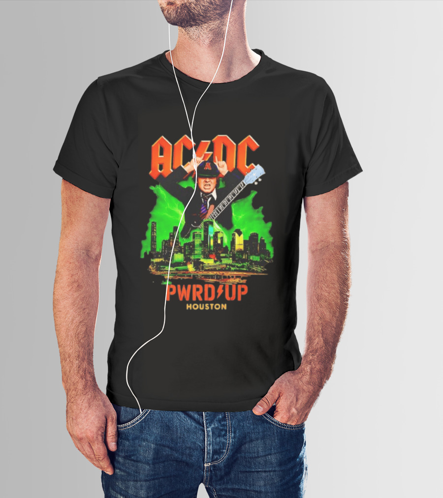 AC DC Angus Young Pwr Up Houston Hard Rock Skyline Electric Guitar T-Shirt