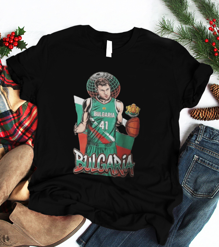 Bulgaria 41 Basketball Player Caricature Holding Ball Globe T-Shirt