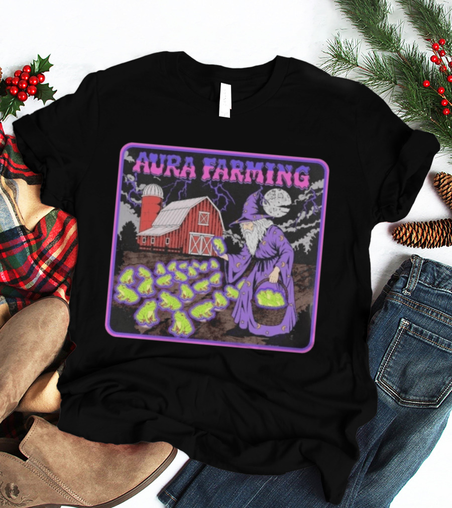 Aura Farming Moonlit Sorcerer Harvests Glowing Frogs Barn Wizard Magic T-Shirt