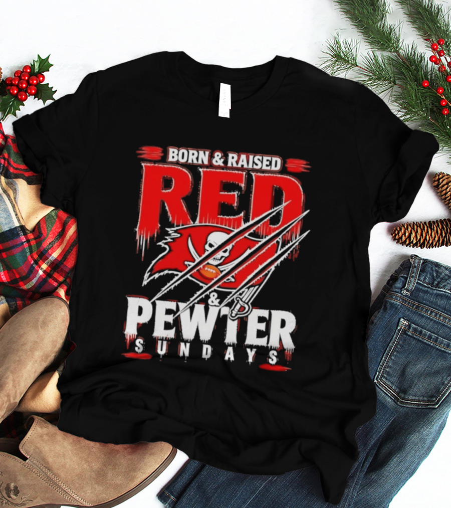 Born & Raised Red & Pewter Sundays Tampa Bay Buccaneers Fan Gear T-Shirt