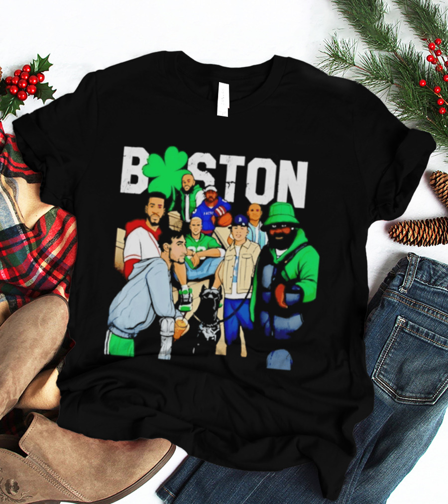 Boston Green Clover Sports Fan Characters Distressed Look T-Shirt