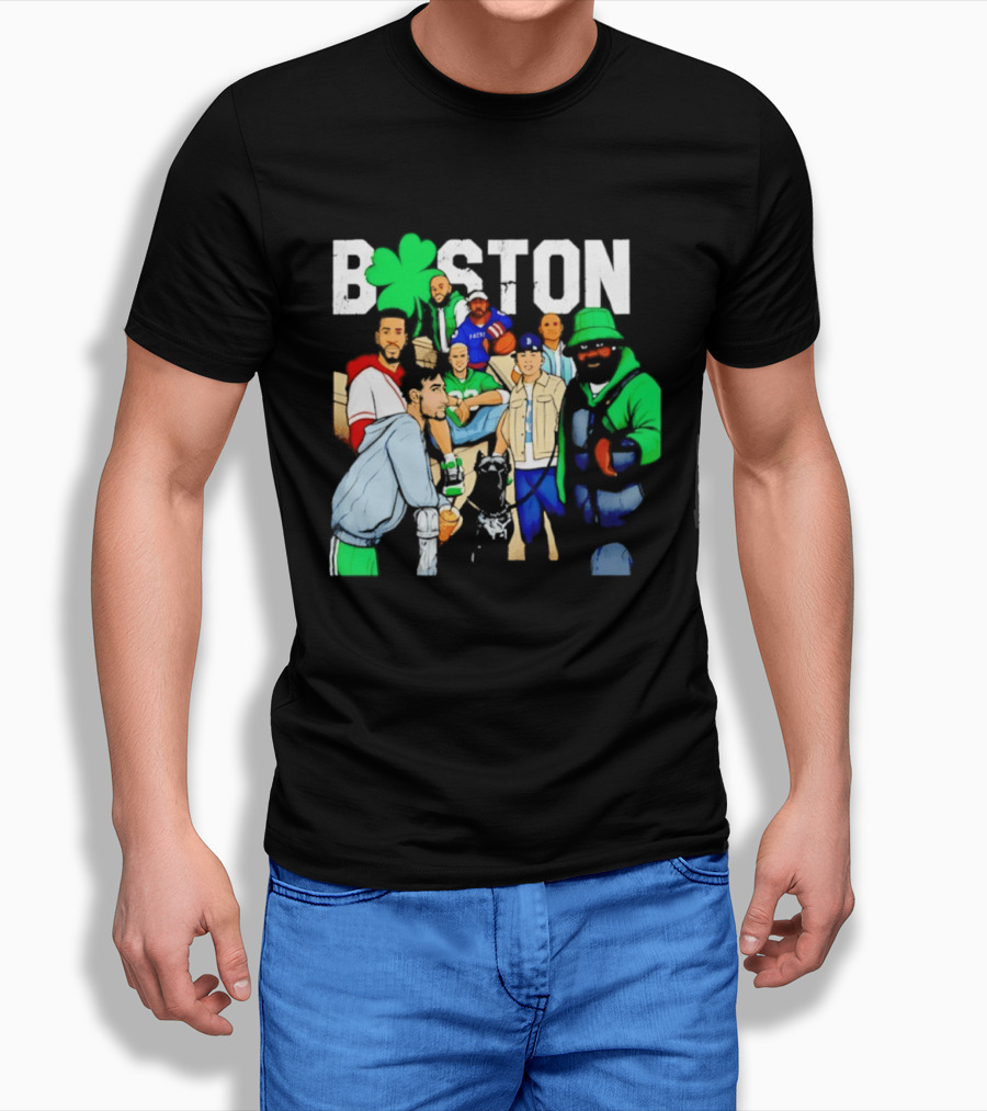 Boston Green Clover Sports Fan Characters Distressed Look T-Shirt