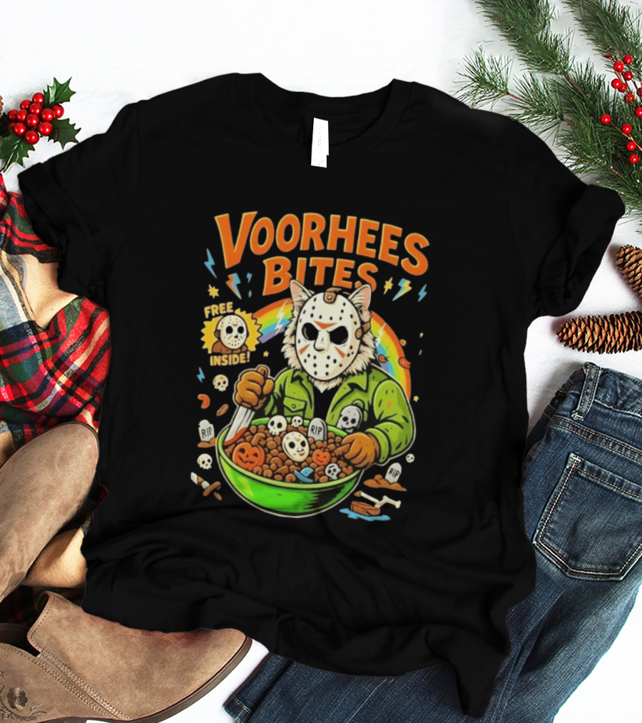 Voorhees Bites Jason Voorhees Cat Cereal Horror Mask Rainbow Feline Bowl Skeletons T-Shirt
