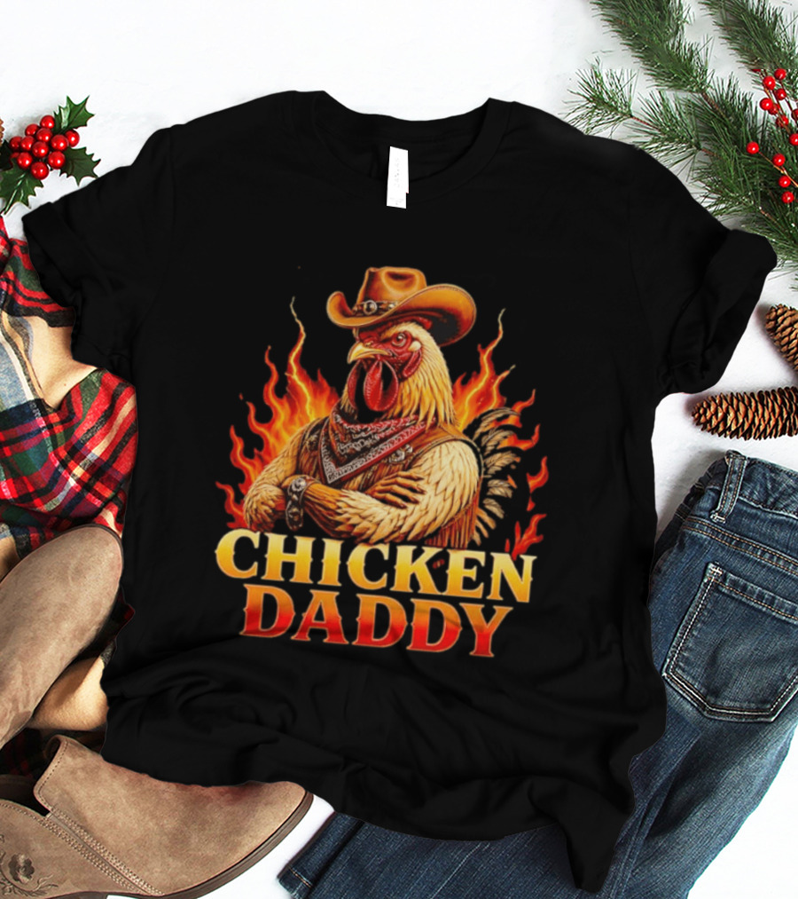 Chicken Daddy Cowboy Rooster With Flames And Bandana T-Shirt