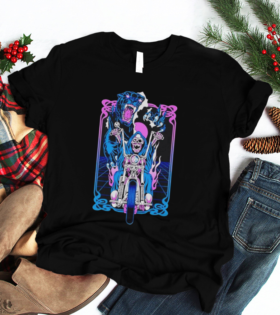 Grim Reaper Motorcycle Panther Retro Neon T-Shirt