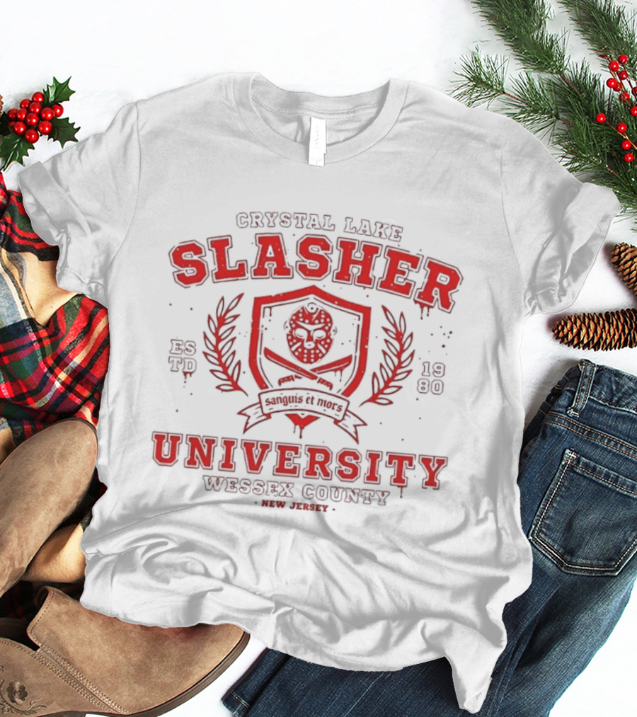 Crystal Lake Slasher University Estd 1980 Wessex County New Jersey Crest T-Shirt