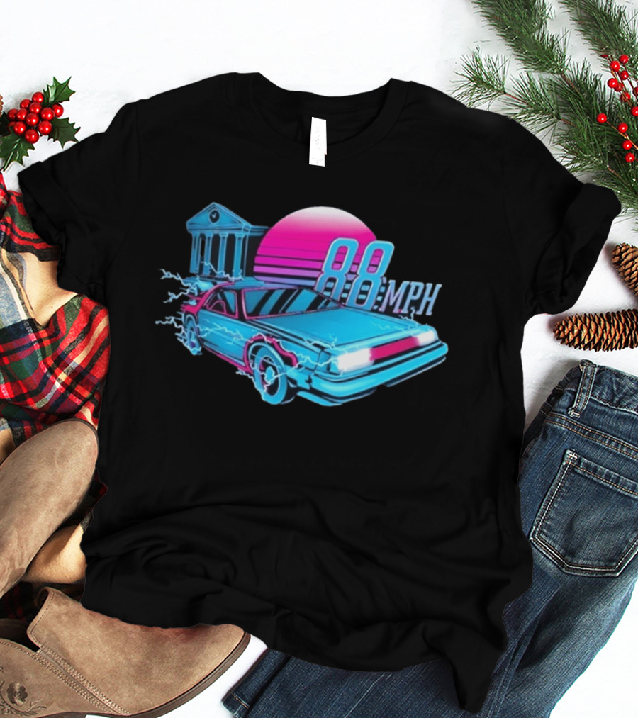 Back To The Future DeLorean 88 MPH Neon Style With Sunset And Tower T-Shirt