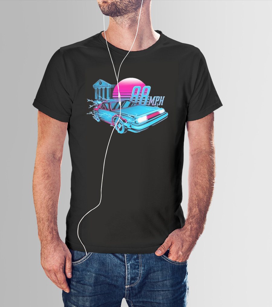 Back To The Future DeLorean 88 MPH Neon Style With Sunset And Tower T-Shirt