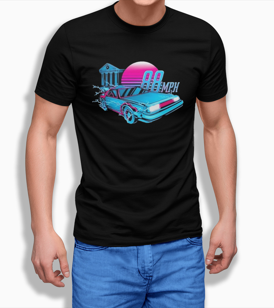 Back To The Future DeLorean 88 MPH Neon Style With Sunset And Tower T-Shirt