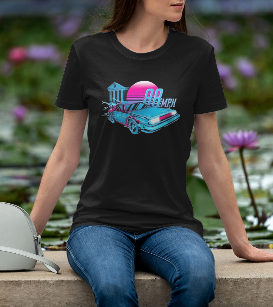 Back To The Future DeLorean 88 MPH Neon Style With Sunset And Tower T-Shirt
