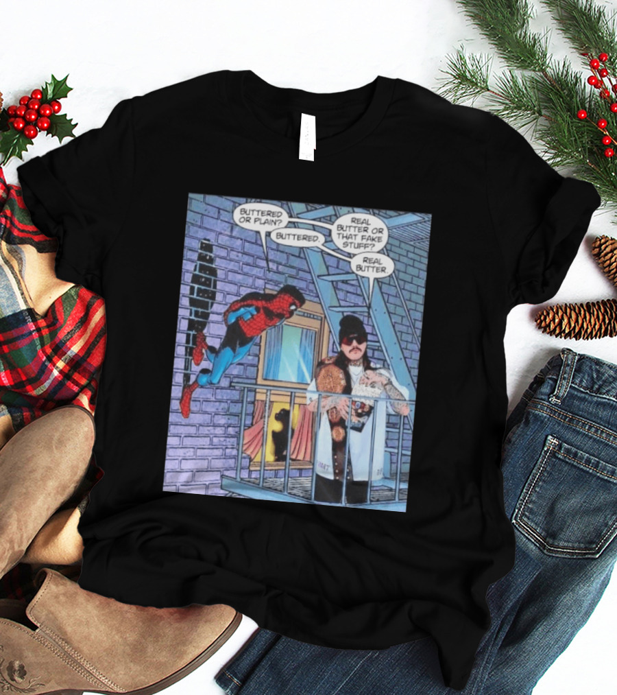 Spider Man Bret Hart Real Buttered Popcorn Balcony Scene T-Shirt