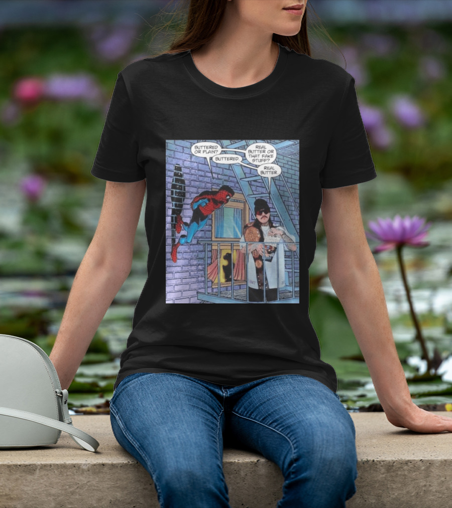 Spider Man Bret Hart Real Buttered Popcorn Balcony Scene T-Shirt
