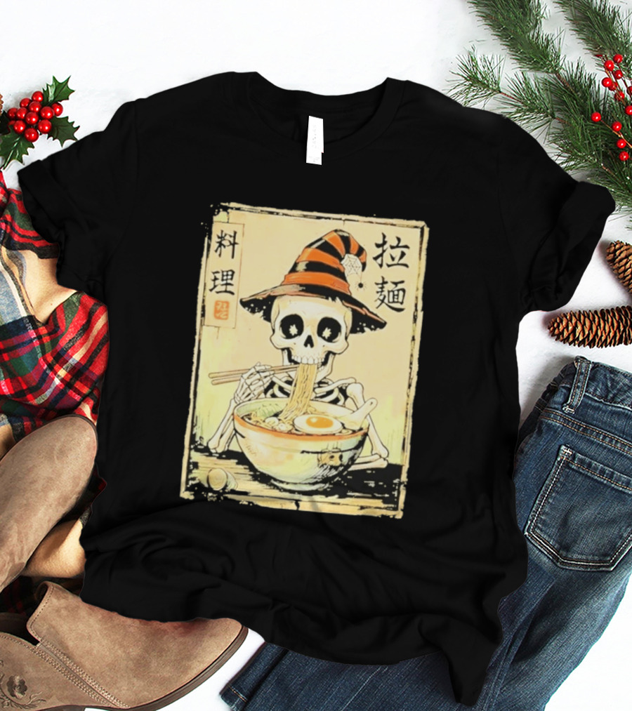 Witch Skeleton Eating Ramen With Japanese Kanji Characters T-Shirt