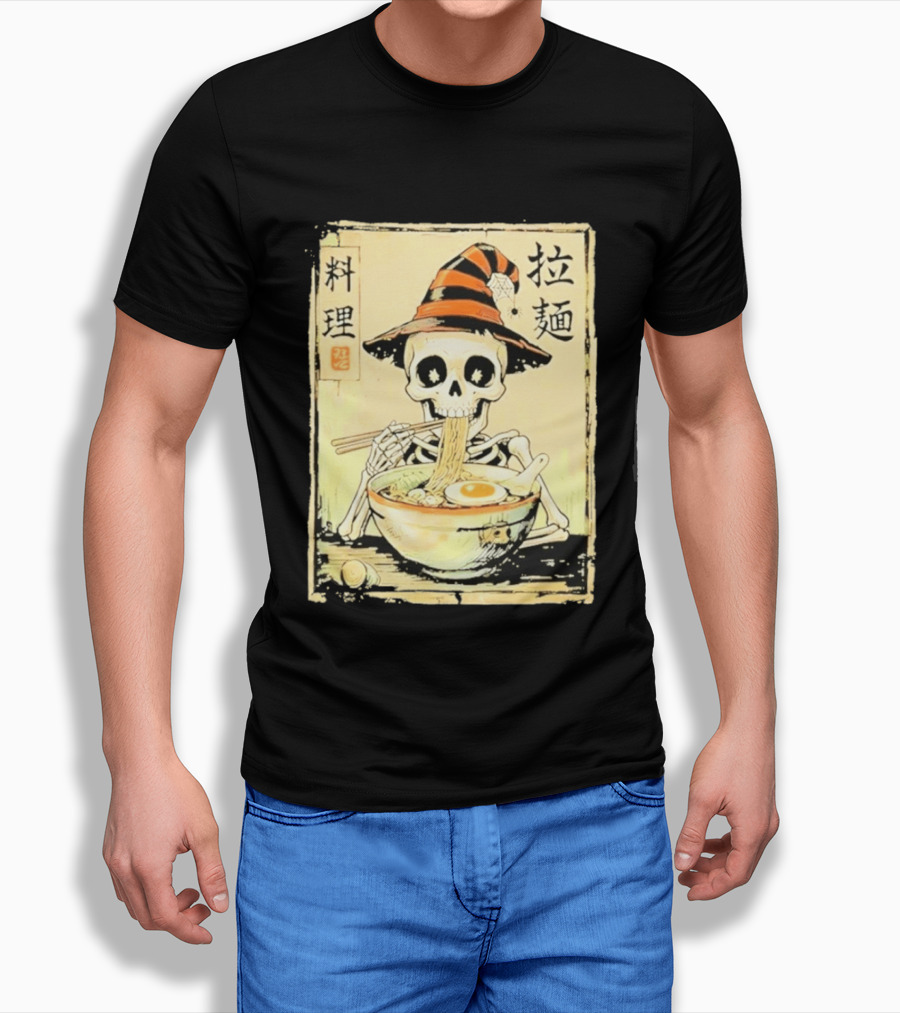 Witch Skeleton Eating Ramen With Japanese Kanji Characters T-Shirt