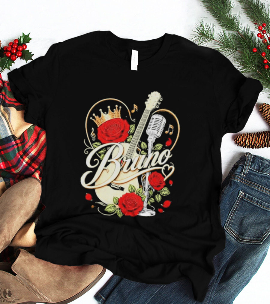 Bruno Rose Crown Guitar And Microphone With Music Notes T-Shirt