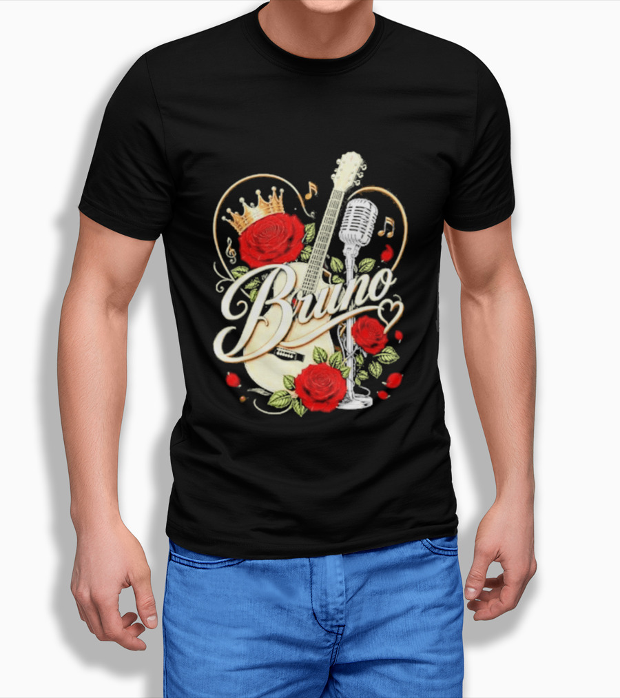 Bruno Rose Crown Guitar And Microphone With Music Notes T-Shirt