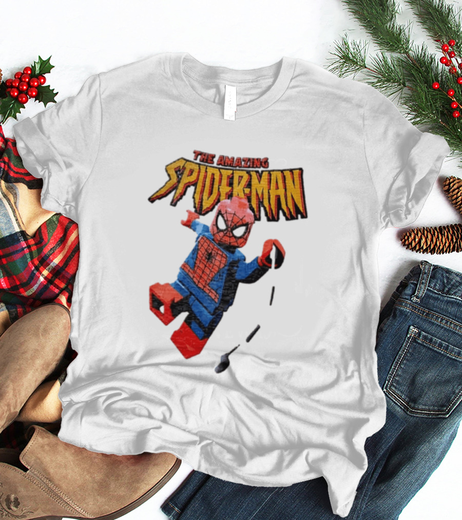 Spider Man The Amazing Lego Minifigure Swinging On Web Iconic Marvel Hero T-Shirt