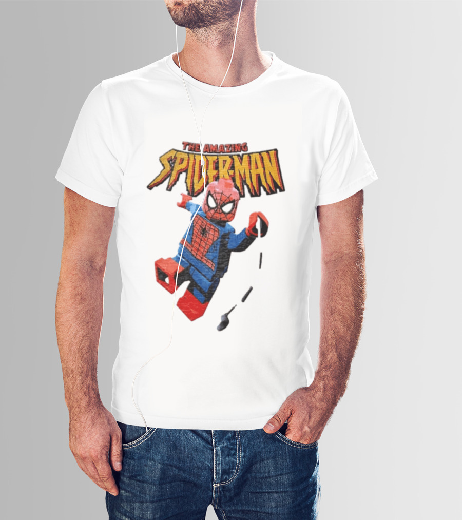 Spider Man The Amazing Lego Minifigure Swinging On Web Iconic Marvel Hero T-Shirt