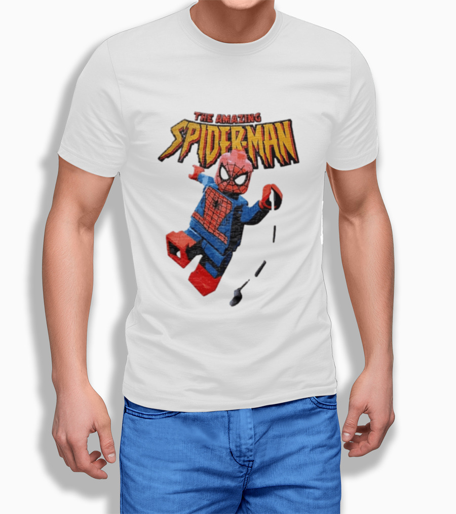 Spider Man The Amazing Lego Minifigure Swinging On Web Iconic Marvel Hero T-Shirt