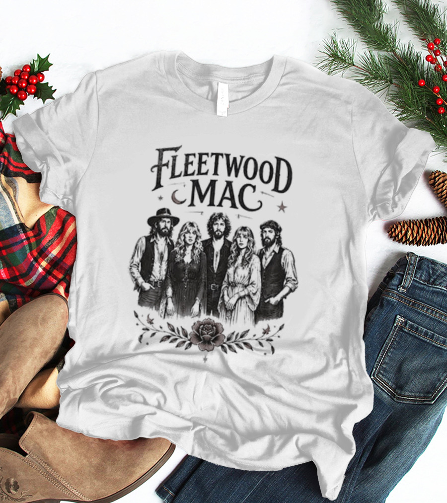 Fleetwood Mac Moonlit Harmony Silhouette With Crescent Moon And Floral Accents T-Shirt