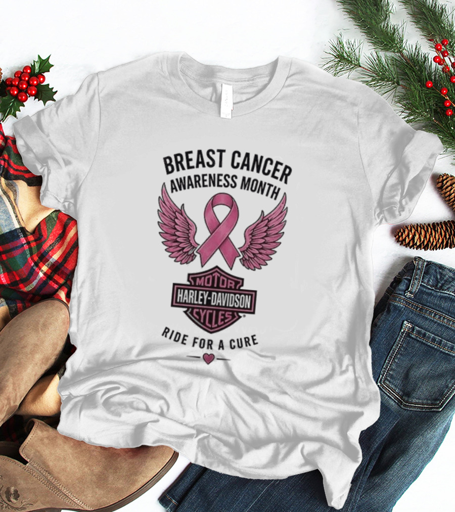 Breast Cancer Awareness Month Harley Davidson Motor Cycles Pink Ribbon Ride For A Cure T-Shirt
