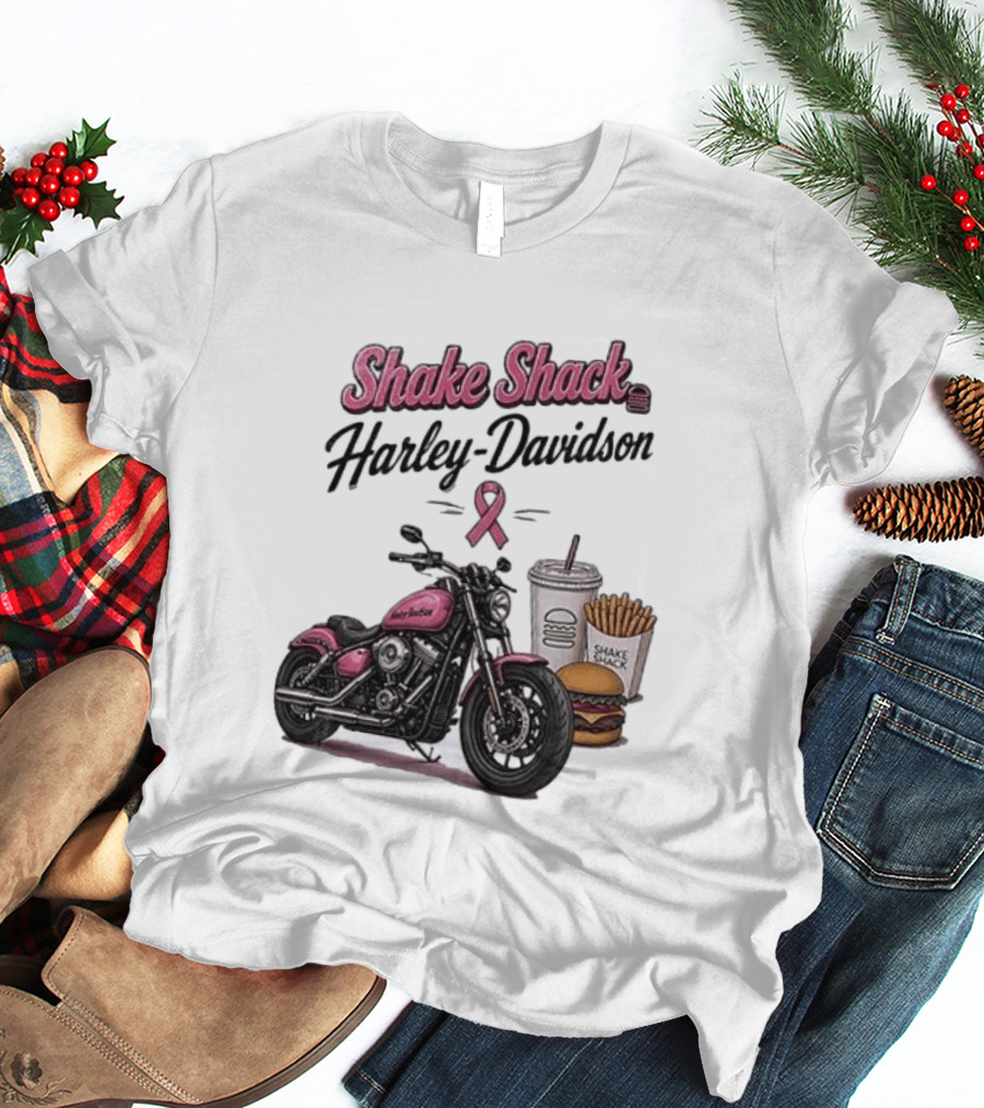 Shake Shack Harley Davidson Pink Ribbon Burger Fries Breast Cancer Awareness Month T-Shirt