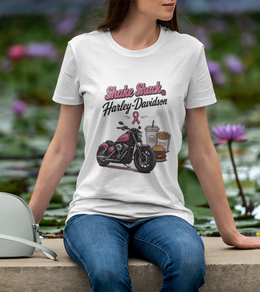 Shake Shack Harley Davidson Pink Ribbon Burger Fries Breast Cancer Awareness Month T-Shirt