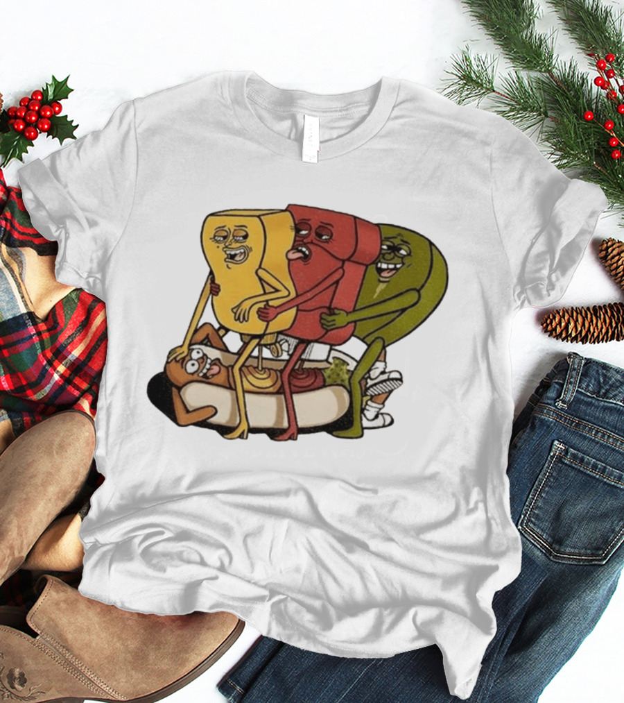 Hot Dog Topped With Mustard Ketchup And Relish Cartoon Characters T-Shirt