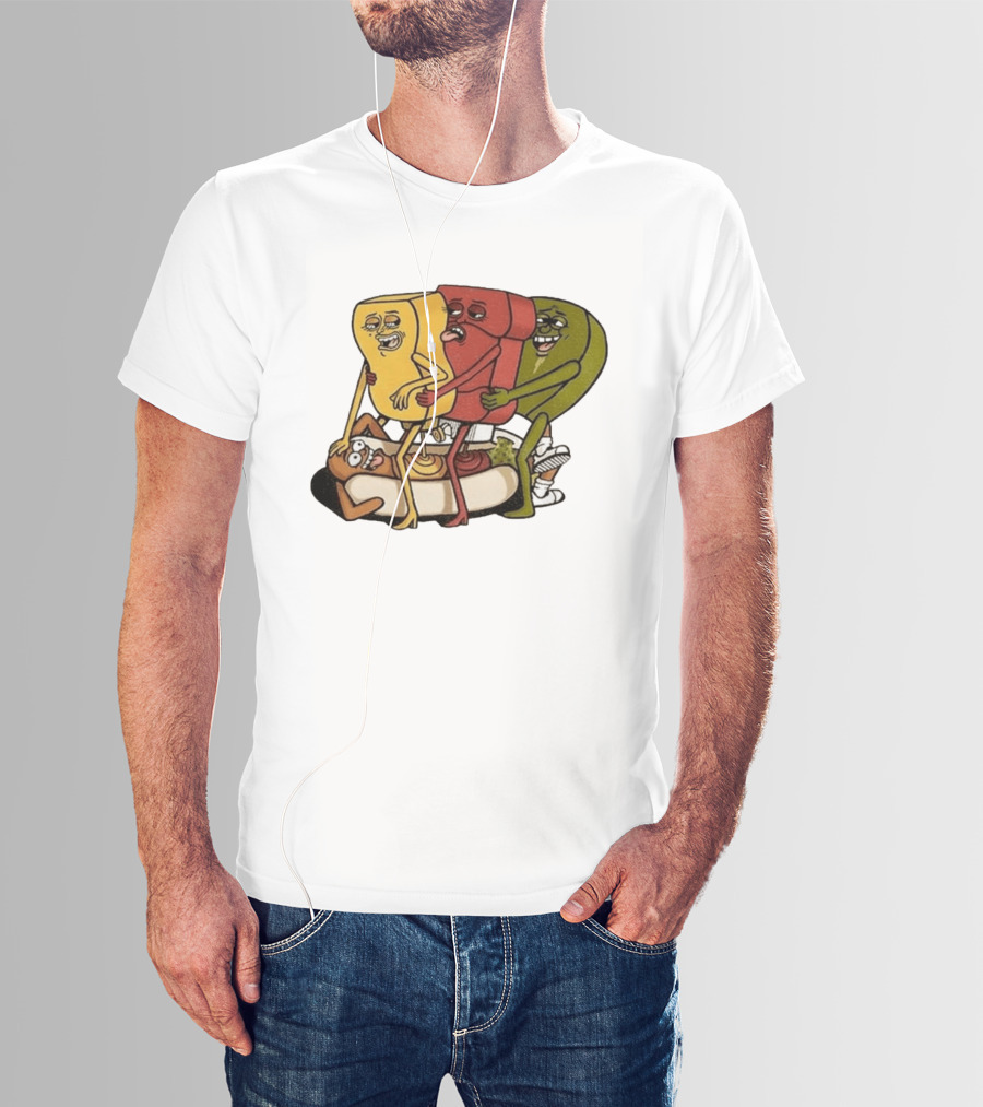 Hot Dog Topped With Mustard Ketchup And Relish Cartoon Characters T-Shirt