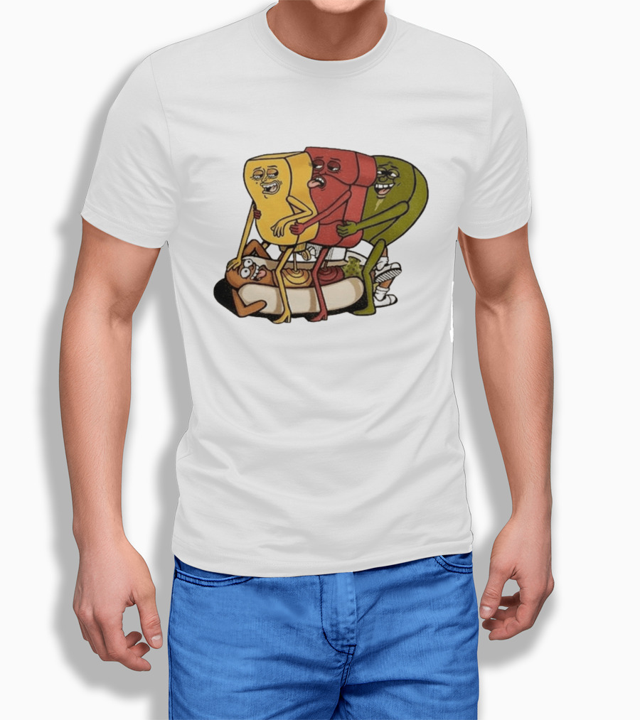 Hot Dog Topped With Mustard Ketchup And Relish Cartoon Characters T-Shirt