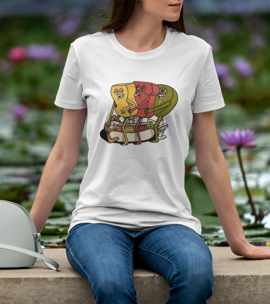 Hot Dog Topped With Mustard Ketchup And Relish Cartoon Characters T-Shirt