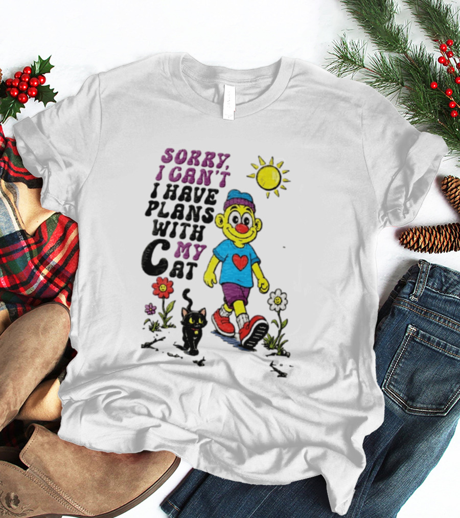 Sorry I Can't I Have Plans With My Cat Cartoon Yellow Figure Walking Sunflowers T-Shirt