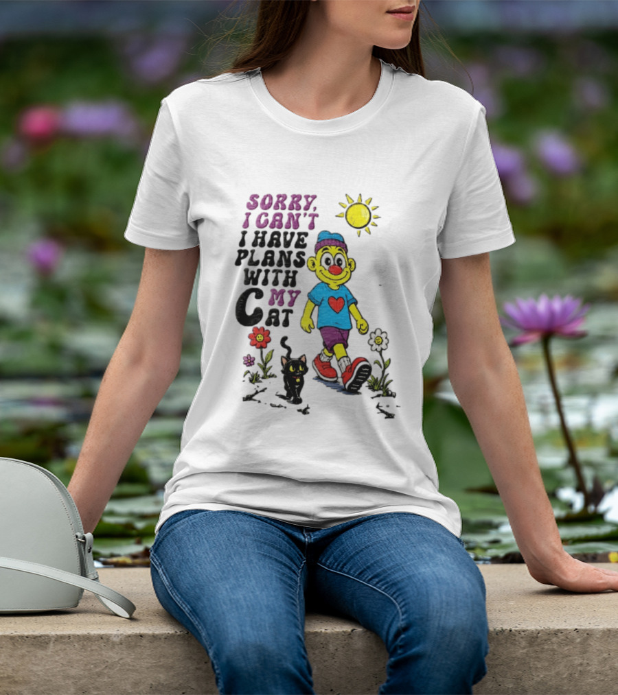 Sorry I Can't I Have Plans With My Cat Cartoon Yellow Figure Walking Sunflowers T-Shirt