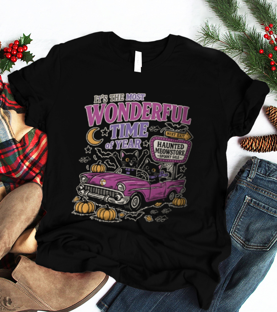 The Most Wonderful Time Of Year Halloween Cat And Pumpkins Retro Car T-Shirt