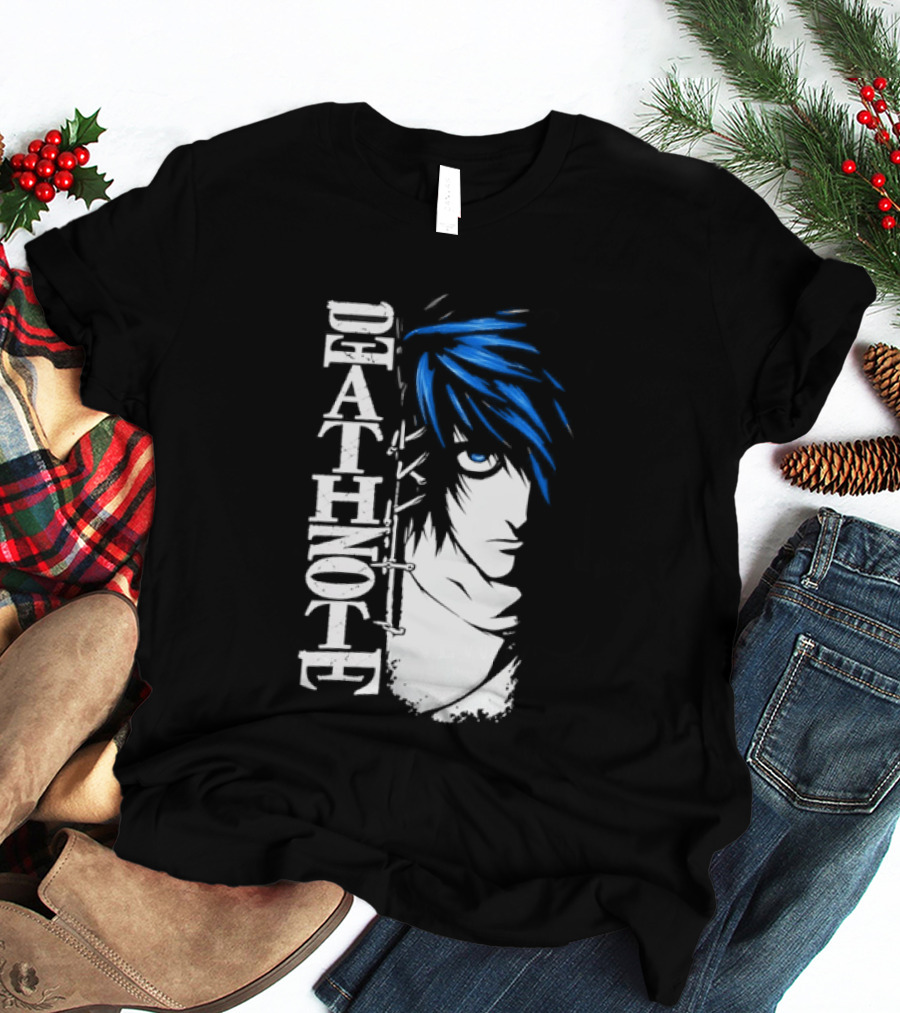L From Death Note Distressed Anime Blue Hair White T-Shirt