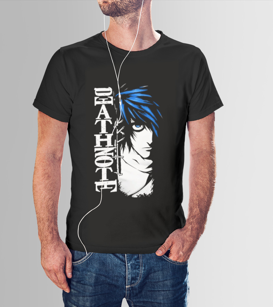 L From Death Note Distressed Anime Blue Hair White T-Shirt