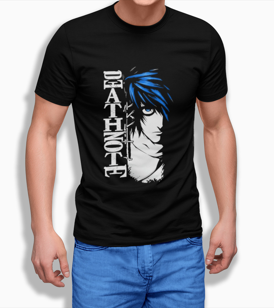 L From Death Note Distressed Anime Blue Hair White T-Shirt