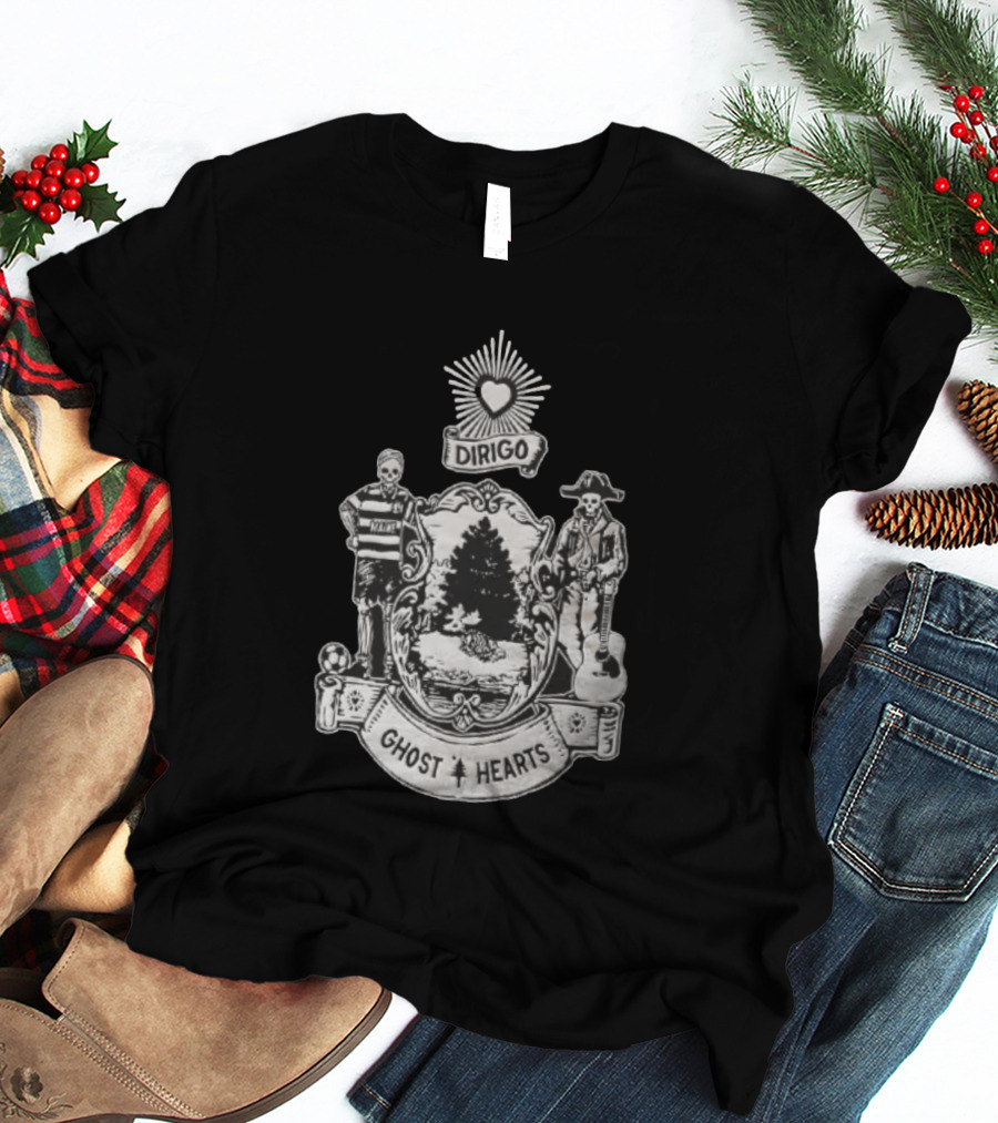 Dirigo Ghost Hearts Maine Crest With Skeleton Soccer And Guitar Players T-Shirt