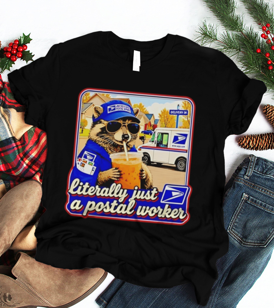 Literally Just A Postal Worker Raccoon With USA Postal Service Mail Truck Delivery Scene T-Shirt