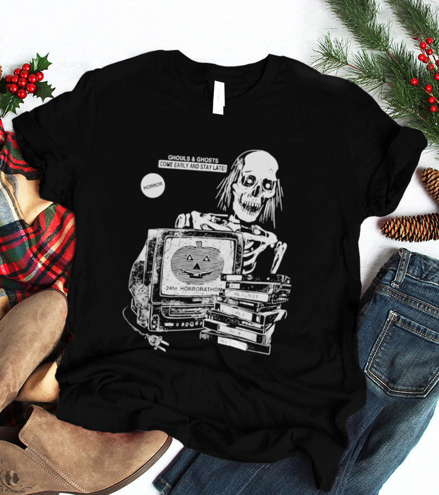 Ghouls And Ghosts 24hr Horrorathon Skeleton With TV And Pumpkin T-Shirt